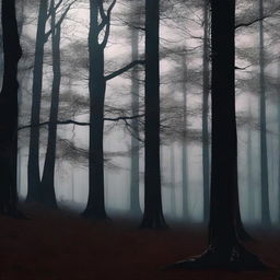 A digital art image depicting a dark forest