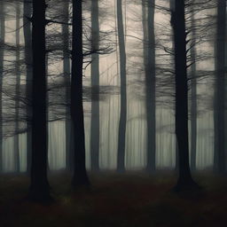 A digital art image depicting a dark forest