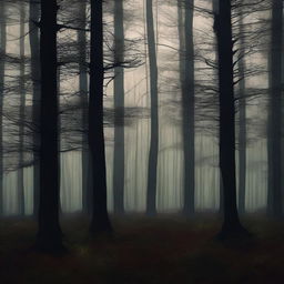 A digital art image depicting a dark forest