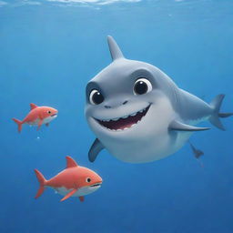 An endearing animated shark with heart-shaped eyes looking adoringly at a fish