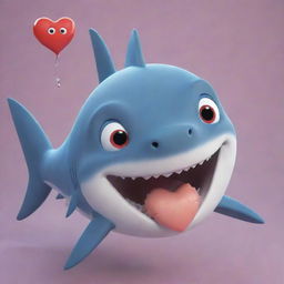 An endearing animated shark with heart-shaped eyes looking adoringly at a fish