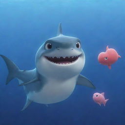 An endearing animated shark with heart-shaped eyes looking adoringly at a fish