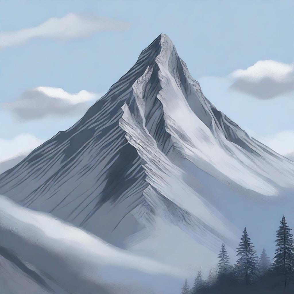 A captivating digital art representation of a grand grey mountain under a peaceful sky