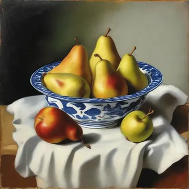 The painter depicted a bowl of native pears in his still-life masterpiece.
