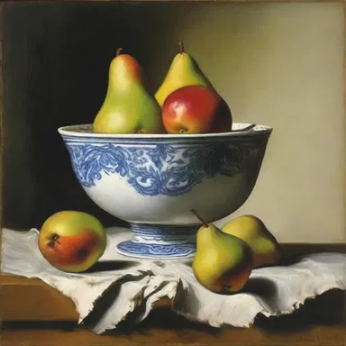 The painter depicted a bowl of native pears in his still-life masterpiece.