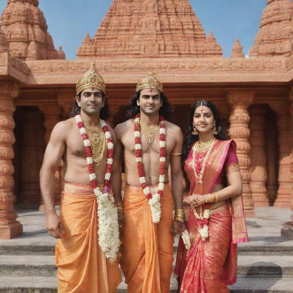 Sri Ram and Sita standing together in front of a beautifully decorated Hindu temple