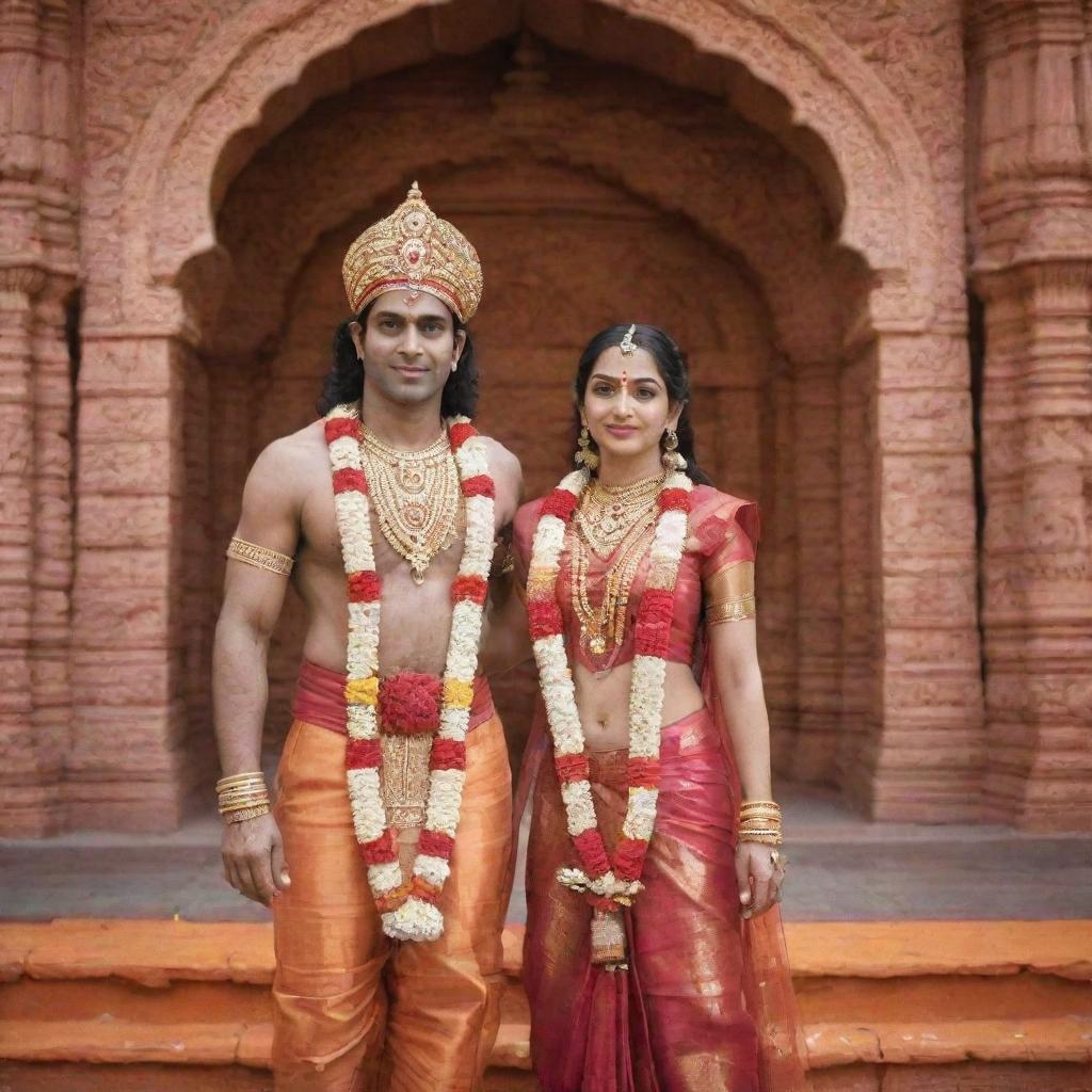 Sri Ram and Sita standing together in front of a beautifully decorated Hindu temple