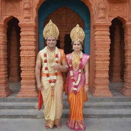 Sri Ram and Sita standing together in front of a beautifully decorated Hindu temple