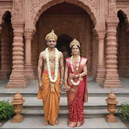 Sri Ram and Sita standing together in front of a beautifully decorated Hindu temple