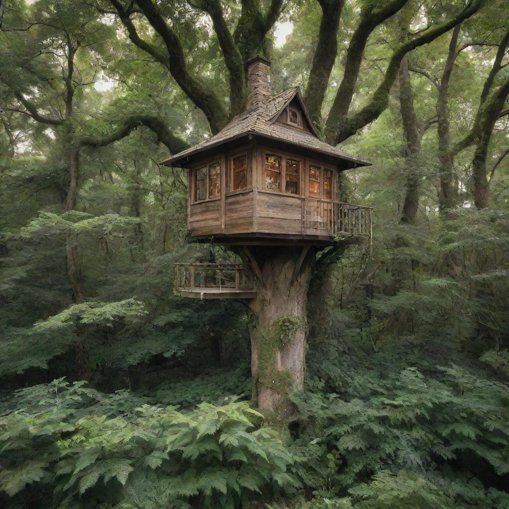 A tiny, luxury house nested high in a towering tree, surrounded by the dense foliage of an enchanted forest.