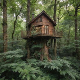 A tiny, luxury house nested high in a towering tree, surrounded by the dense foliage of an enchanted forest.