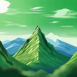 A mesmerizing digital art showcasing a towering green mountain set against a peaceful sky