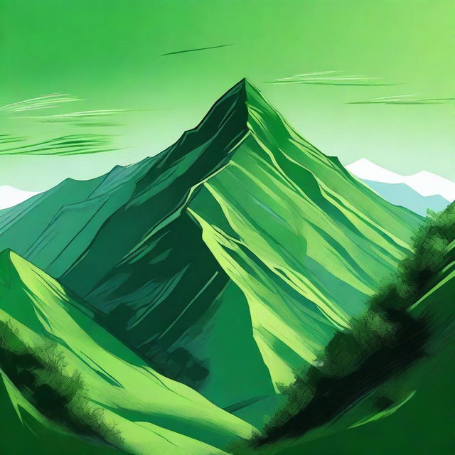 A mesmerizing digital art showcasing a towering green mountain set against a peaceful sky