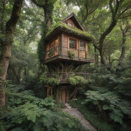 A tiny, luxury house nested high in a towering tree, surrounded by the dense foliage of an enchanted forest.