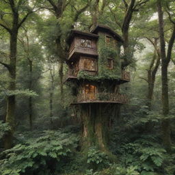 A tiny, luxury house nested high in a towering tree, surrounded by the dense foliage of an enchanted forest.