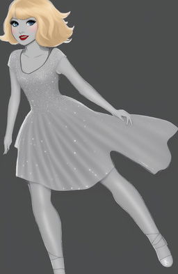 A high-quality digital art piece featuring a Wojak character designed to resemble Taylor Swift, captured in a joyful dancing pose