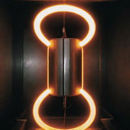 A one cubic foot nuclear fusion generator emanating a strong glow, producing 100kw electricity for 100 years. A thick double-wired electric cable extends from it. The two wires are apart with a vibrant electric arc flowing between them.