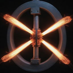 A one cubic foot nuclear fusion generator emanating a strong glow, producing 100kw electricity for 100 years. A thick double-wired electric cable extends from it. The two wires are apart with a vibrant electric arc flowing between them.