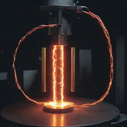 A one cubic foot nuclear fusion generator emanating a strong glow, producing 100kw electricity for 100 years. A thick double-wired electric cable extends from it. The two wires are apart with a vibrant electric arc flowing between them.