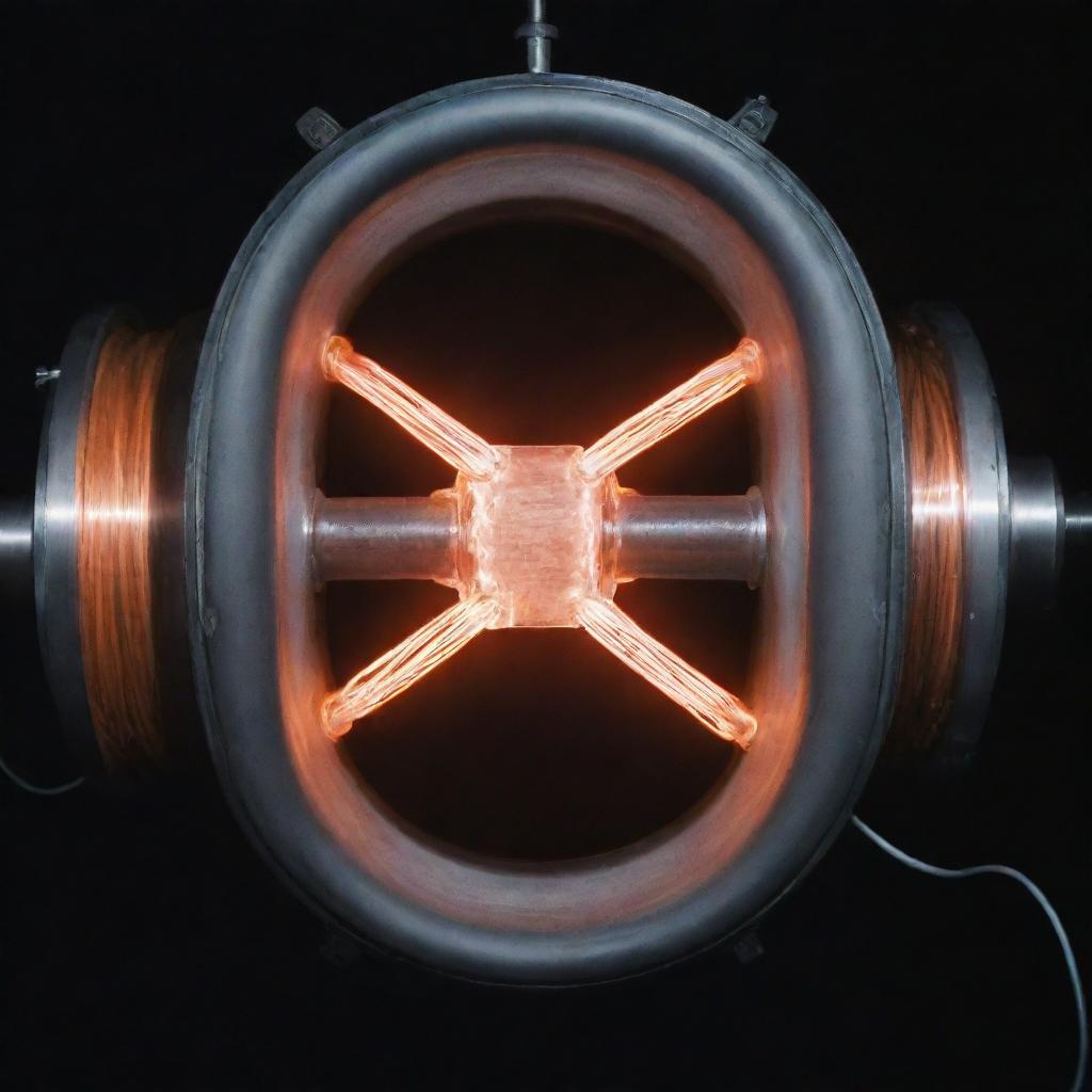 A one cubic foot nuclear fusion generator emanating a strong glow, producing 100kw electricity for 100 years. A thick double-wired electric cable extends from it. The two wires are apart with a vibrant electric arc flowing between them.