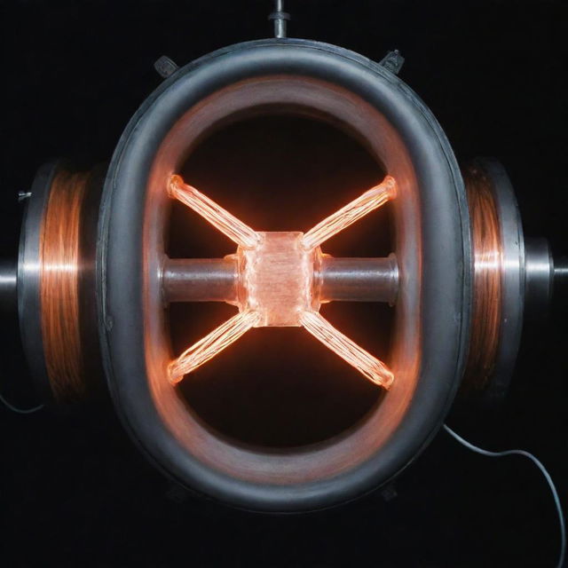 A one cubic foot nuclear fusion generator emanating a strong glow, producing 100kw electricity for 100 years. A thick double-wired electric cable extends from it. The two wires are apart with a vibrant electric arc flowing between them.