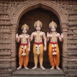 Sri Ram, Sita, and Hanuman standing devotedly in front of an intricately designed Hindu temple