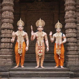 Sri Ram, Sita, and Hanuman standing devotedly in front of an intricately designed Hindu temple