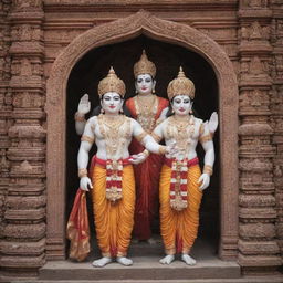 Sri Ram, Sita, and Hanuman standing devotedly in front of an intricately designed Hindu temple