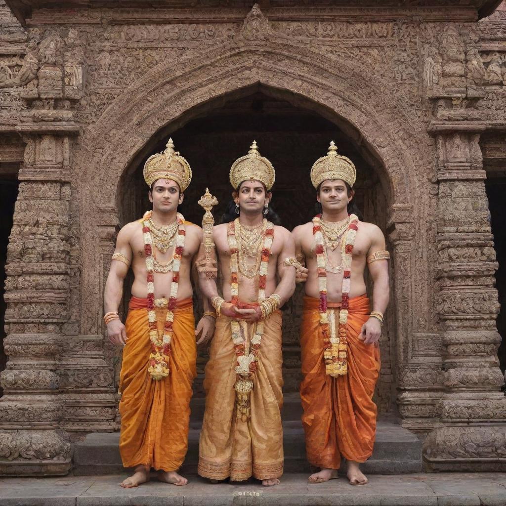 Sri Ram, Sita, and Hanuman standing devotedly in front of an intricately designed Hindu temple