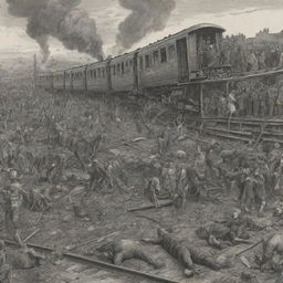 An image drawn in comic style depicting a derailed train, carriages scattered haphazardly. A crowd of injured people lie on the ground while rescuers are quickly arriving at the scene.