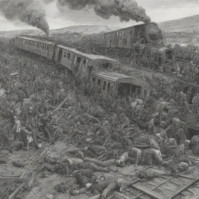 An image drawn in comic style depicting a derailed train, carriages scattered haphazardly. A crowd of injured people lie on the ground while rescuers are quickly arriving at the scene.