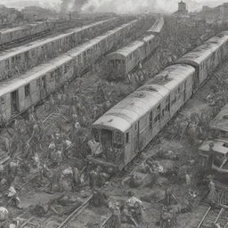 An image drawn in comic style depicting a derailed train, carriages scattered haphazardly. A crowd of injured people lie on the ground while rescuers are quickly arriving at the scene.