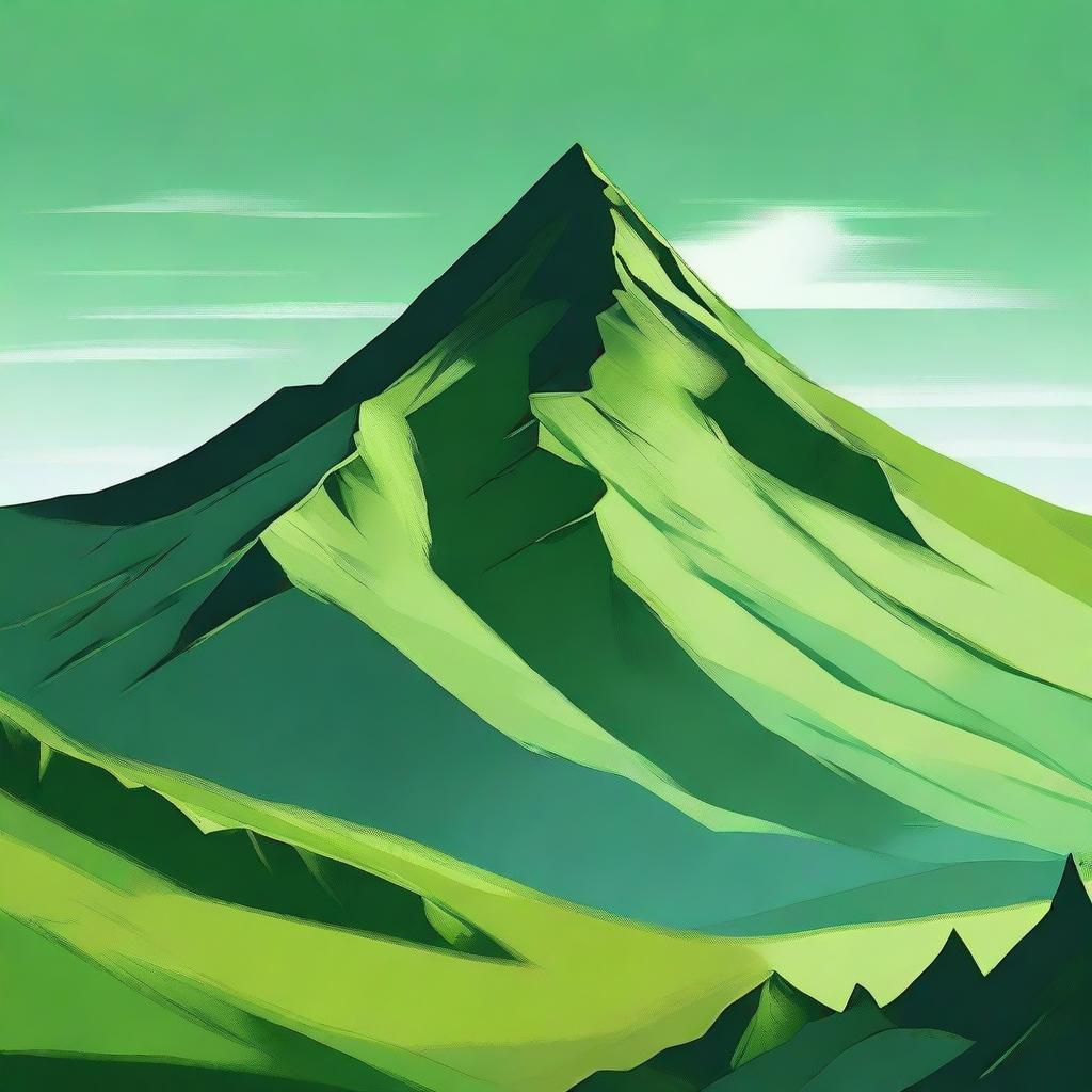 An exquisite piece of digital art featuring a majestic green mountain under a serene sky