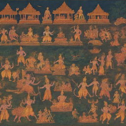 A vivid depiction of key scenes from the epic Ramayana, showcasing heroic characters and dramatic moments