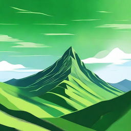 An exquisite piece of digital art featuring a majestic green mountain under a serene sky