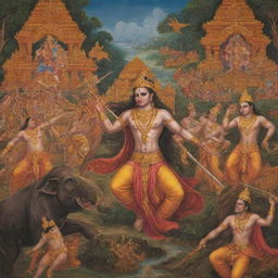 A vivid depiction of key scenes from the epic Ramayana, showcasing heroic characters and dramatic moments