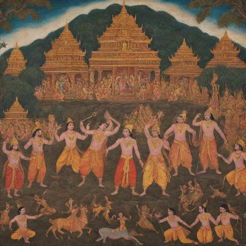 A vivid depiction of key scenes from the epic Ramayana, showcasing heroic characters and dramatic moments