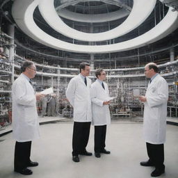 An immense laboratory hosting a bright, active fusion reactor. Three scientists attentively observe and take notes. From the reactor, six thick, luminous electric arcs emanate in different directions.