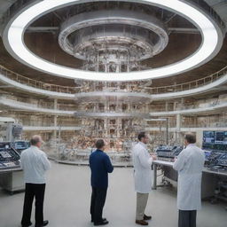 An immense laboratory hosting a bright, active fusion reactor. Three scientists attentively observe and take notes. From the reactor, six thick, luminous electric arcs emanate in different directions.