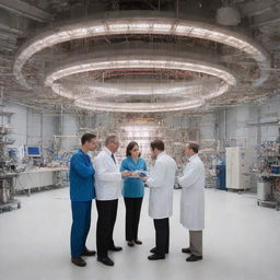 An immense laboratory hosting a bright, active fusion reactor. Three scientists attentively observe and take notes. From the reactor, six thick, luminous electric arcs emanate in different directions.