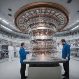 An immense laboratory hosting a bright, active fusion reactor. Three scientists attentively observe and take notes. From the reactor, six thick, luminous electric arcs emanate in different directions.