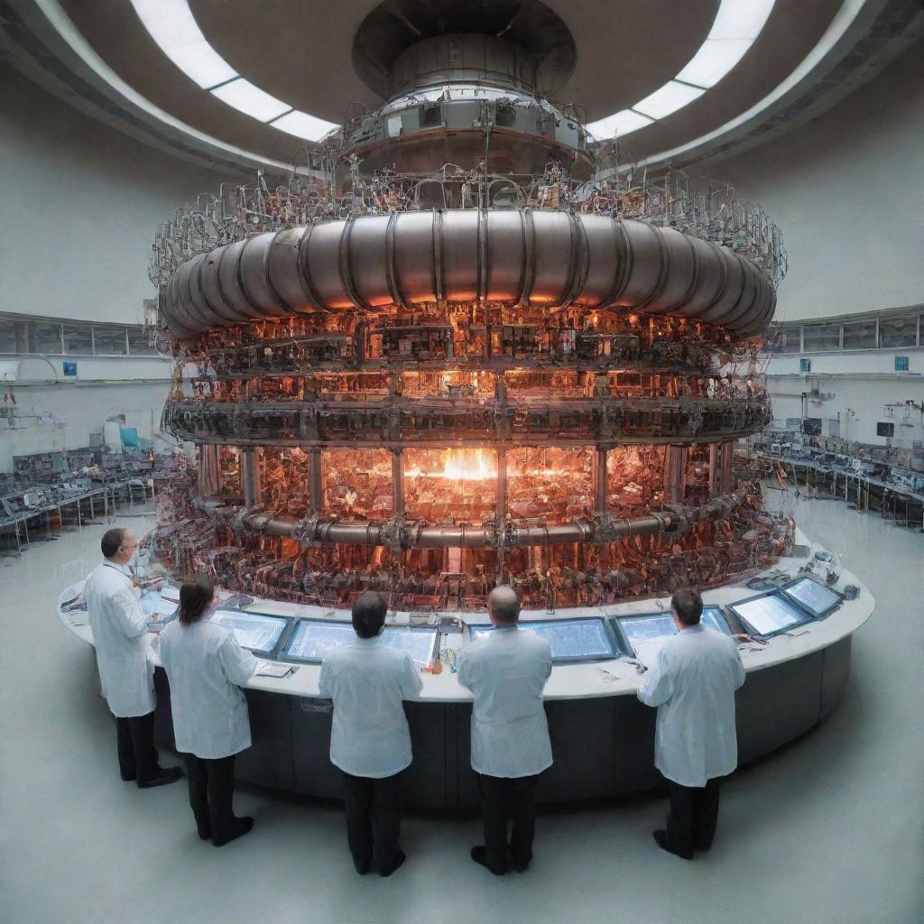 An intense fusion reactor inside a vast laboratory. Three attentive scientists observe and jot down notes amidst six thick, vibrant electrical arcs emanating from the reactor.