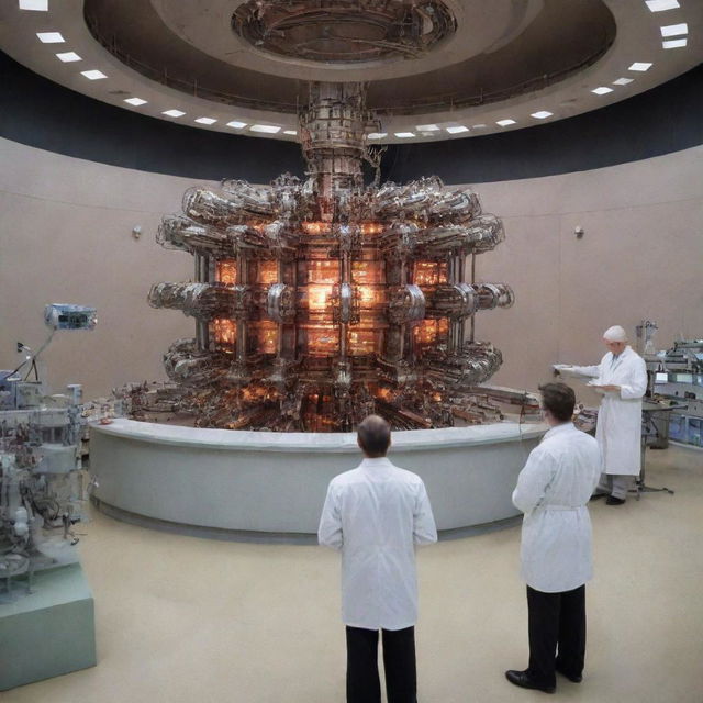 An intense fusion reactor inside a vast laboratory. Three attentive scientists observe and jot down notes amidst six thick, vibrant electrical arcs emanating from the reactor.