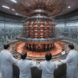 An intense fusion reactor inside a vast laboratory. Three attentive scientists observe and jot down notes amidst six thick, vibrant electrical arcs emanating from the reactor.