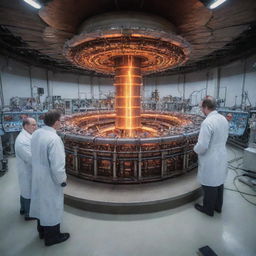 An intense fusion reactor inside a vast laboratory. Three attentive scientists observe and jot down notes amidst six thick, vibrant electrical arcs emanating from the reactor.