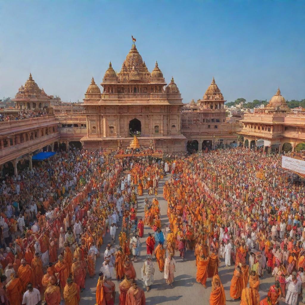 A grand procession where Shree Ram and Janki are arriving in Ayodhya, surrounded by excited and welcoming citizens, with a backdrop of vibrant, ornamented palaces under a clear, blue sky.