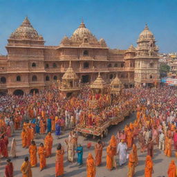 A grand procession where Shree Ram and Janki are arriving in Ayodhya, surrounded by excited and welcoming citizens, with a backdrop of vibrant, ornamented palaces under a clear, blue sky.