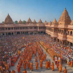 A grand procession where Shree Ram and Janki are arriving in Ayodhya, surrounded by excited and welcoming citizens, with a backdrop of vibrant, ornamented palaces under a clear, blue sky.