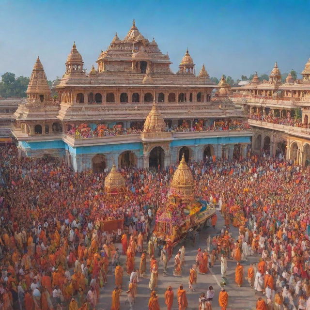 A grand procession where Shree Ram and Janki are arriving in Ayodhya, surrounded by excited and welcoming citizens, with a backdrop of vibrant, ornamented palaces under a clear, blue sky.