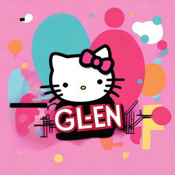 A high-quality digital art piece featuring the name 'Glen' in bold, stylish letters, set against a vibrant backdrop adorned with the iconic Hello Kitty character and her signature elements